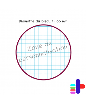Schéma du biscuit rond 65mm – zone de personnalisation au centre pour vos motifs et textes.
