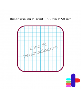 Schéma du biscuit carré 58x58mm – zone de personnalisation au centre pour vos motifs et textes.
