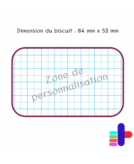 Schéma du biscuit rectangle 84x52mm – zone de personnalisation au centre pour vos motifs et textes.
