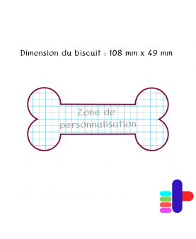 Schéma du biscuit os 108x49mm – zone de personnalisation au centre pour vos motifs et textes.