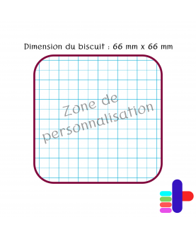 Schéma du biscuit carré 66x66mm – zone de personnalisation au centre pour vos motifs et textes.