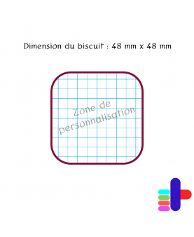 Schéma du biscuit carré 48x48mm – zone de personnalisation au centre pour vos motifs et textes.