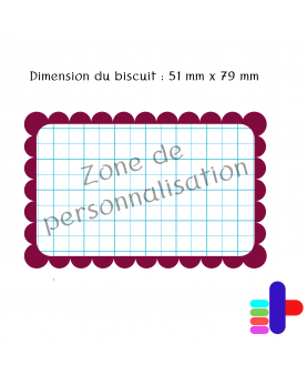 Schéma du biscuit rectangle dentelé 79x51m – zone de personnalisation au centre pour vos motifs et textes.